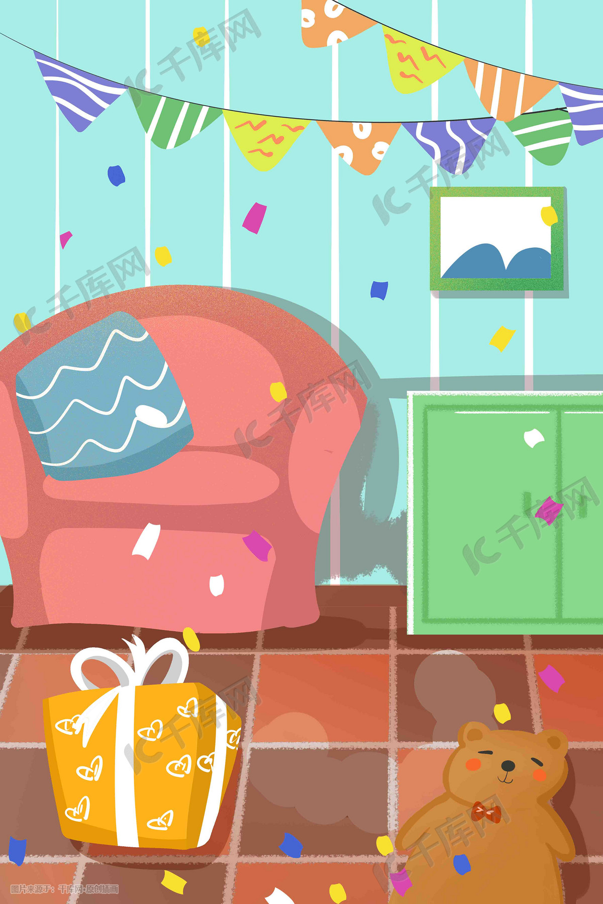 节室内礼物温馨可爱手绘风格插画