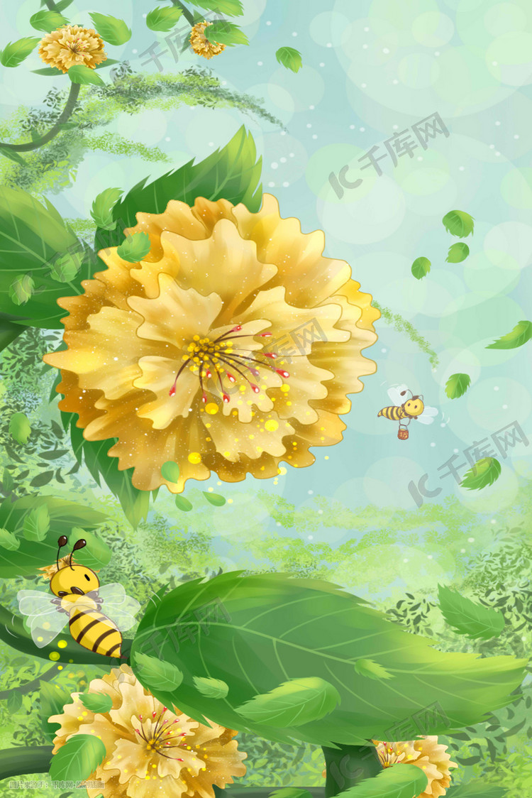 花园蜜蜂采蜜唯美插画