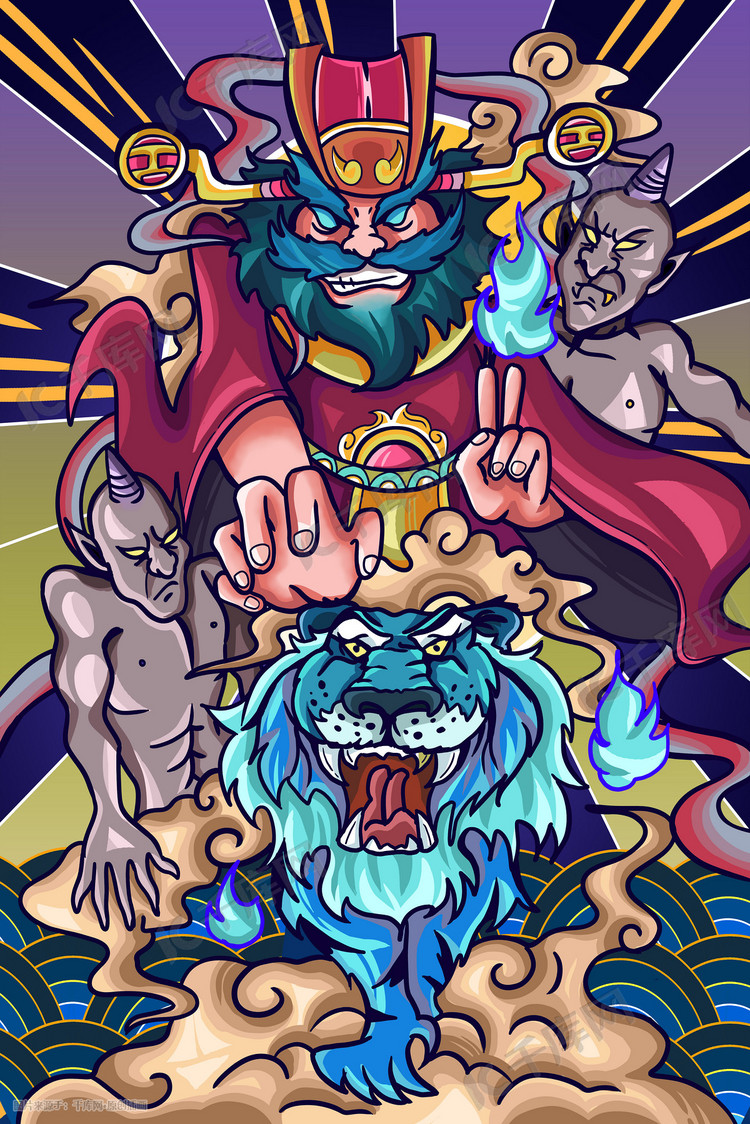 原创钟馗伏魔卡通插画海报虎年老虎