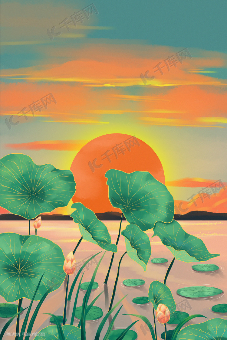 夏至夕阳夏天荷塘治愈场景节气插画