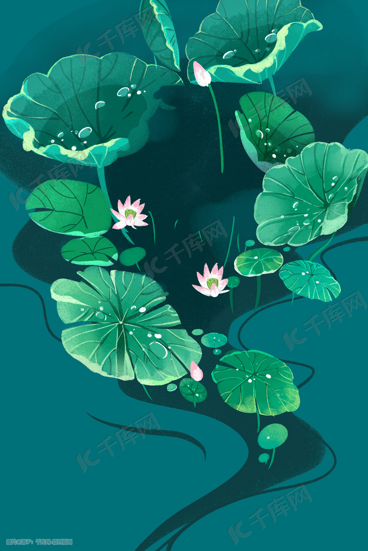 青色系卡通手绘风夏景荷塘配图插画图片 千库网 插画id