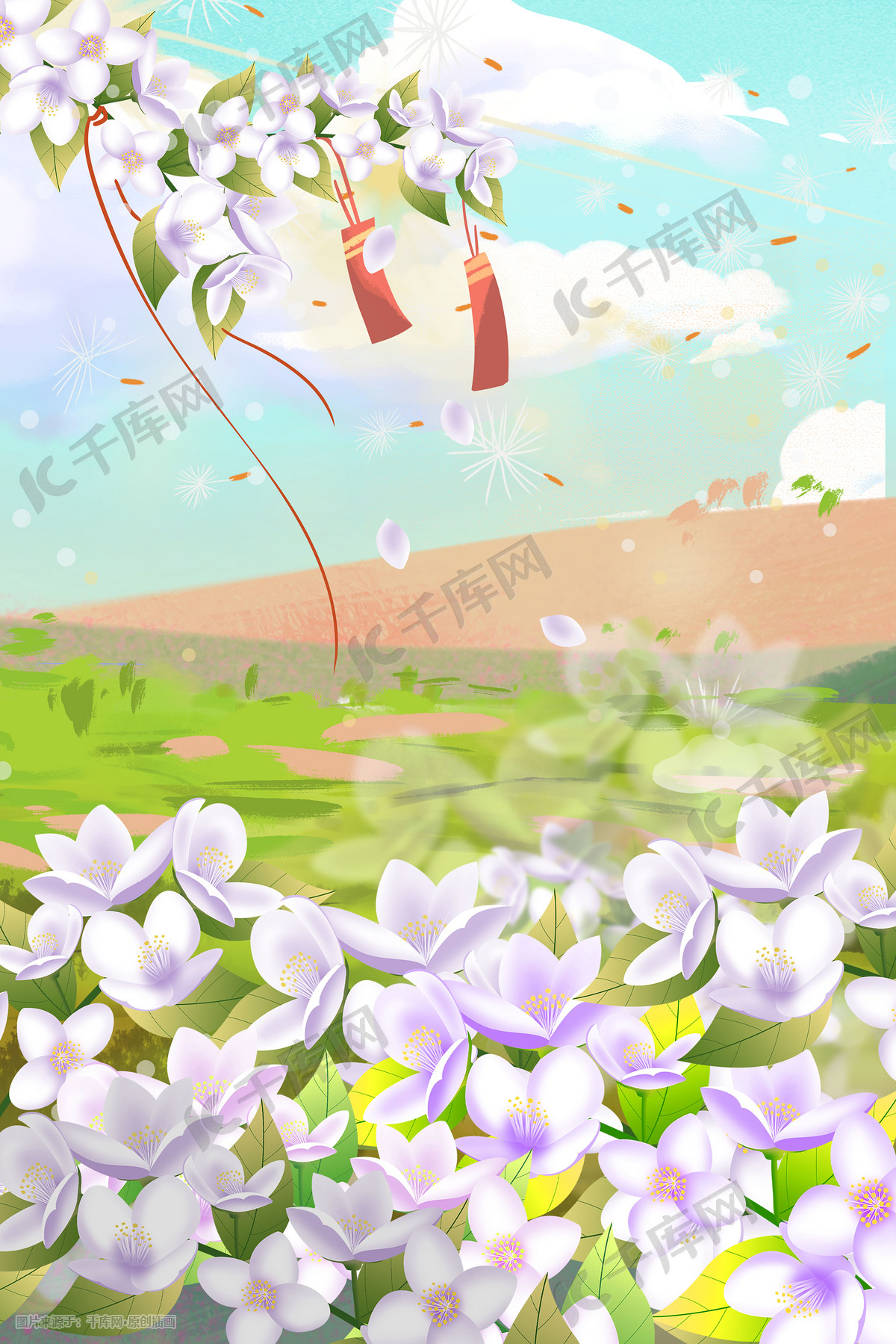 夏天春天花朵花海小清新唯美治愈草地花朵蓝天白云景色插画图片 千库网 插画id
