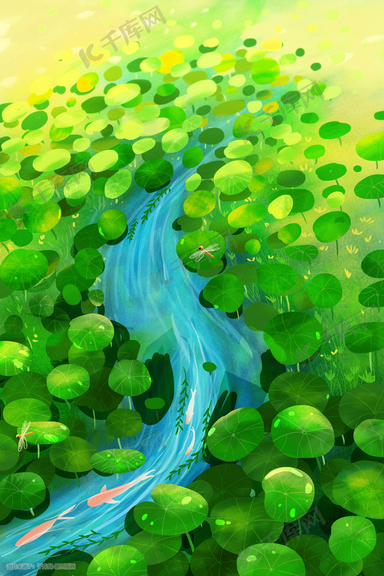 绿色小清新夏天池塘荷花河流治愈景色插画图片-千库网
