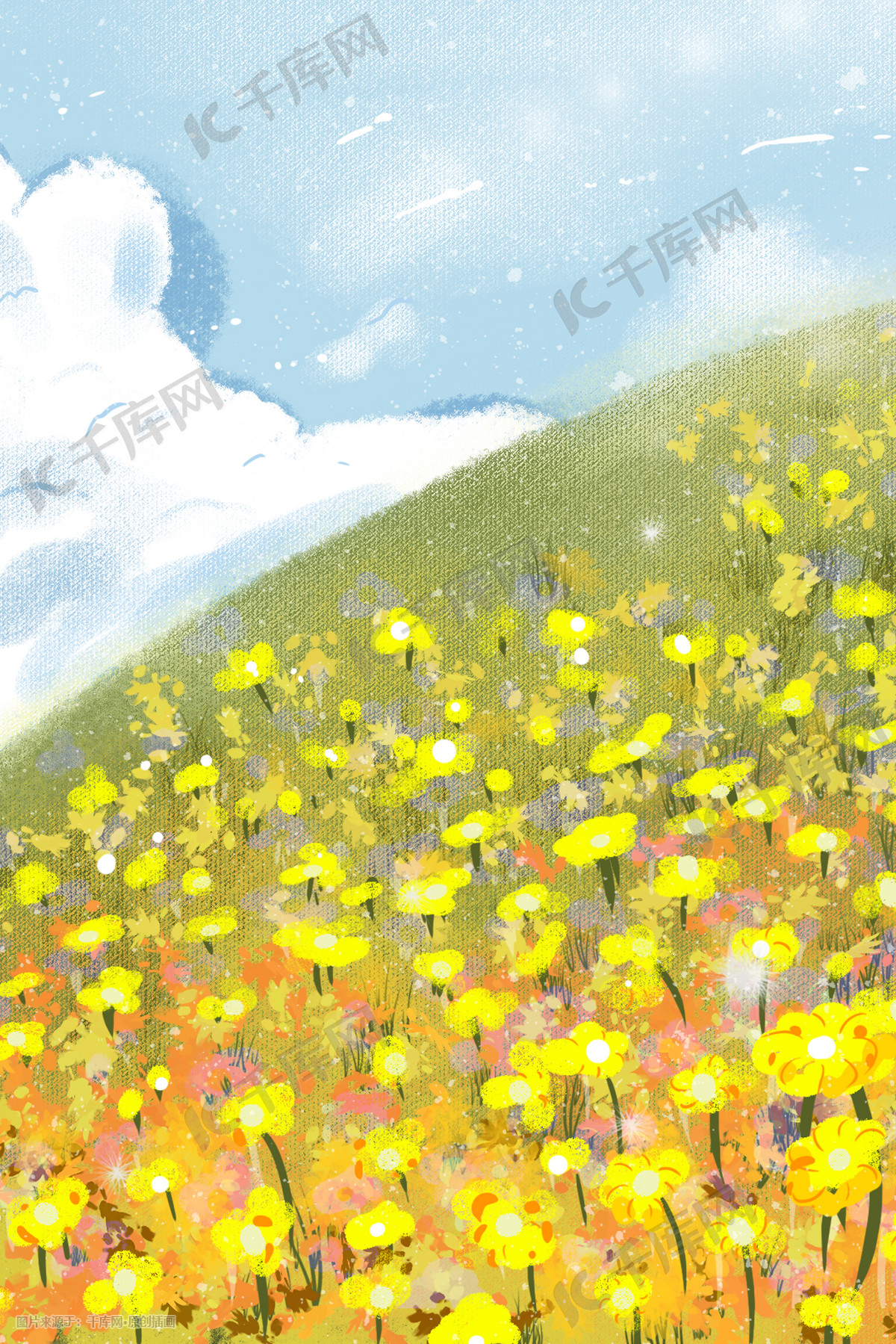 小清新花海治愈唯美黄色花朵夏天景色插画图片 千库网 插画id 019