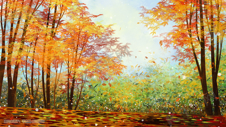 秋天枫林树林秋色手绘厚涂风景图
