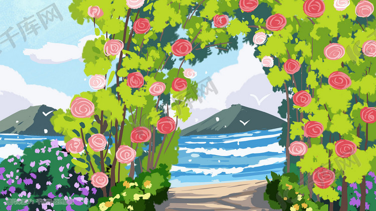 小清新夏季海边植物唯美蔷薇花朵治愈景色