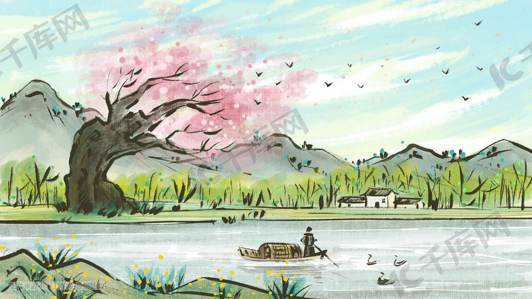 水墨中国风古风主题之山水风景房屋花朵花