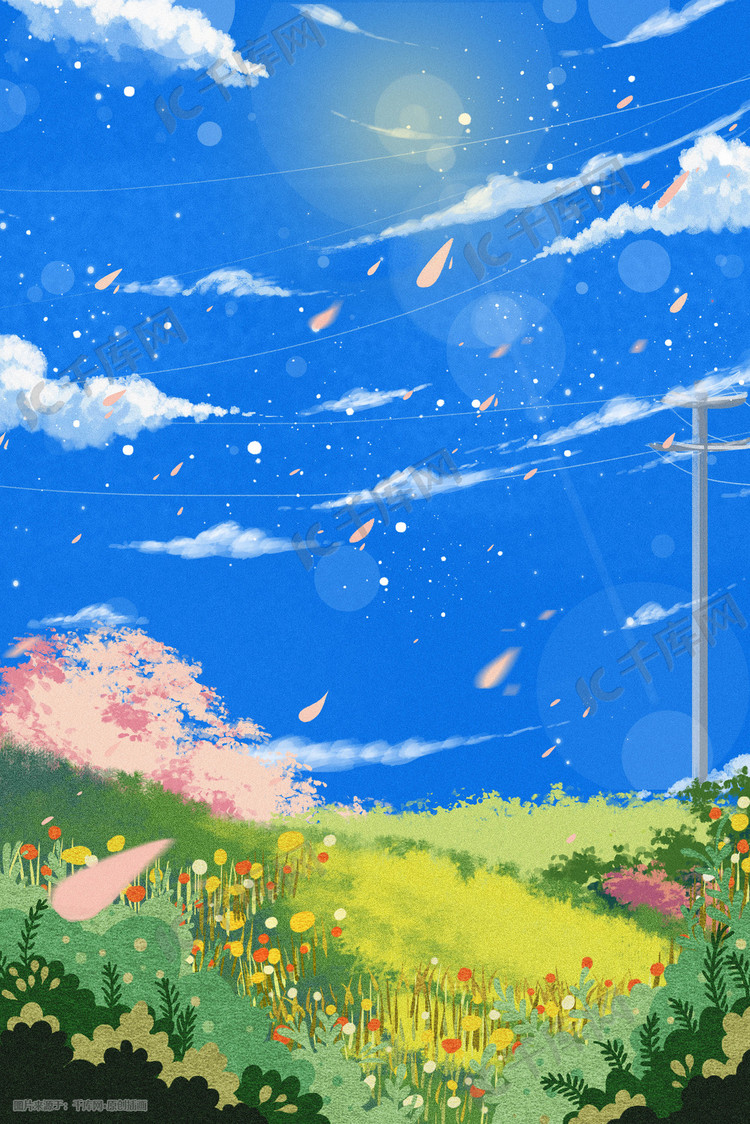 夏天风景樱花云彩漫画风草坪蓝天花朵花
