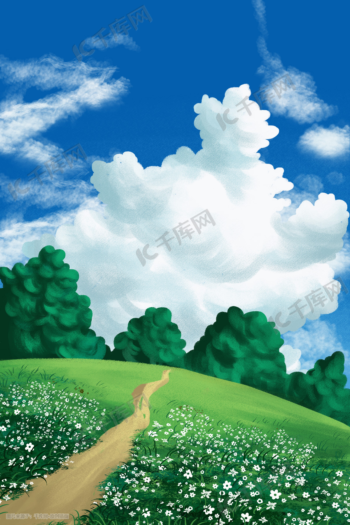 夏天蓝天白云草地治愈风景夏季夏天唯美夏景插画图片-千库网
