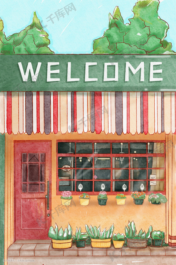 手绘水彩淡彩复古咖啡厅建筑