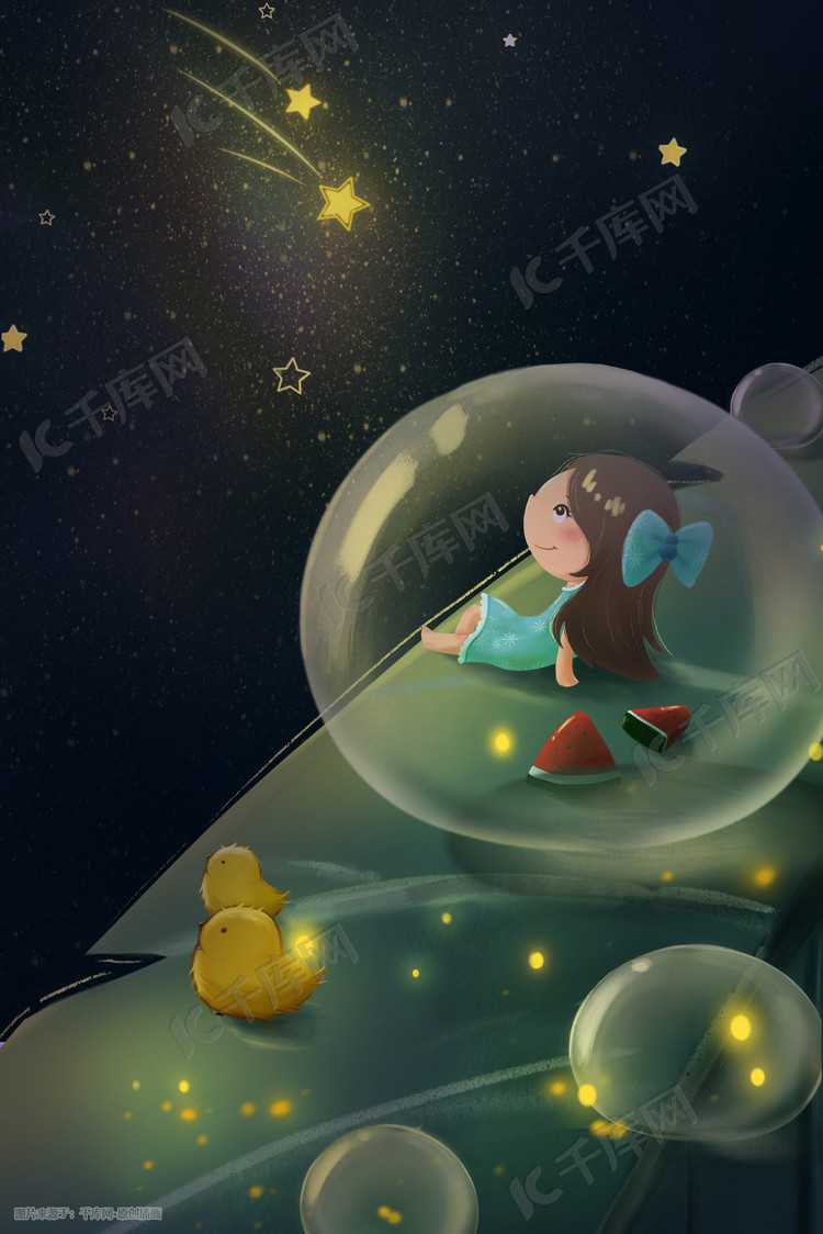 夏天夜晚梦幻小女孩萤火虫星星插画