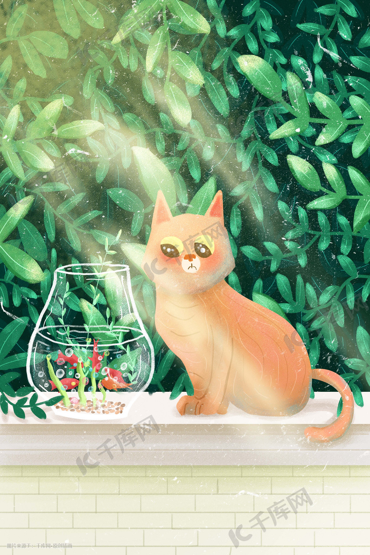 夏天夏季夏日小猫猫咪金鱼插画图片 千库网 插画id