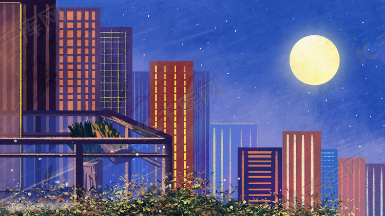 小清新唯美治愈夜景阳台手绘夜晚