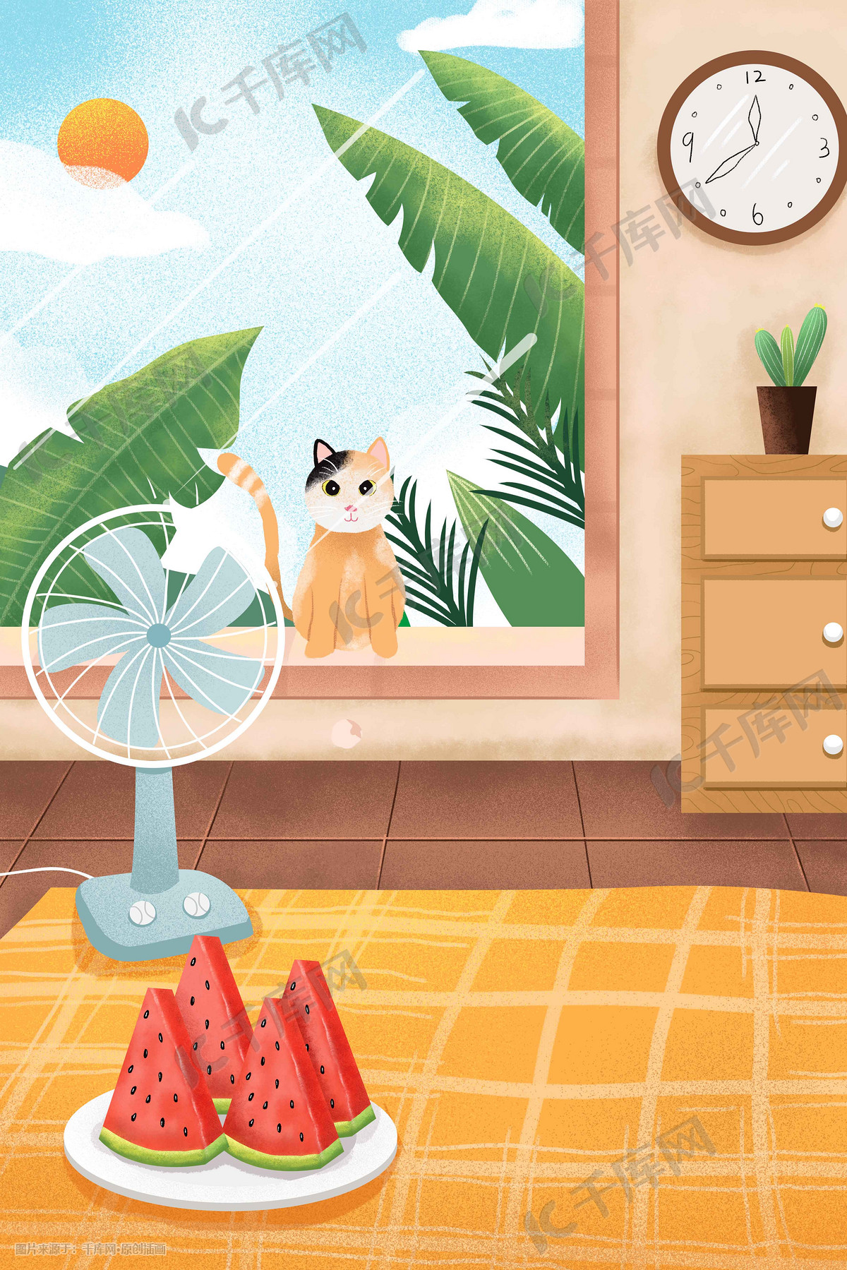 夏天夏季夏日西瓜风扇小猫插画图片-千库网