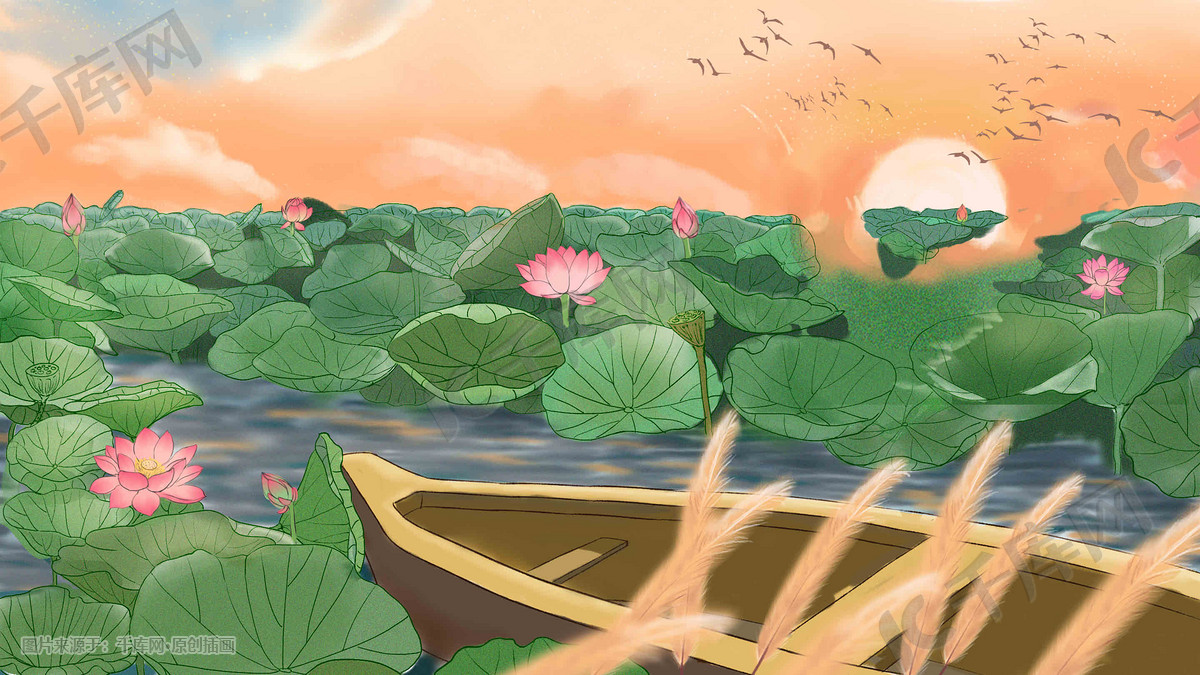 中国风观荷采莲节荷花夏日夕阳插画