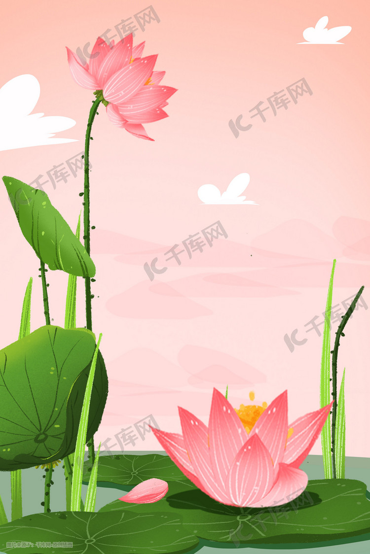 小清新唯美治愈夏天荷花荷叶手绘景色插画图片-千库网
