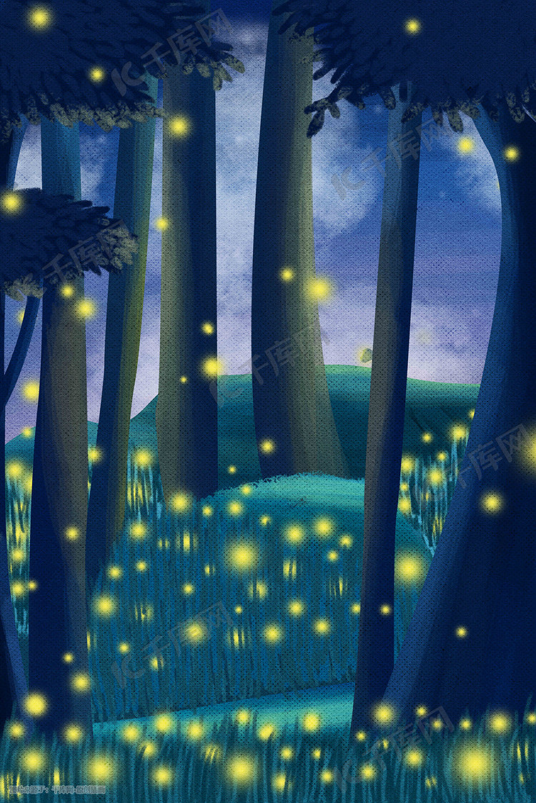 夜晚萤火虫树林风景插画