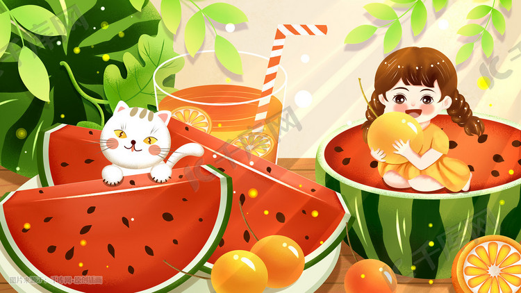 大暑夏天西瓜冷饮柠檬汁可爱女孩和猫咪