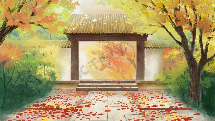 秋日庭院黄色落叶中国风场景插画