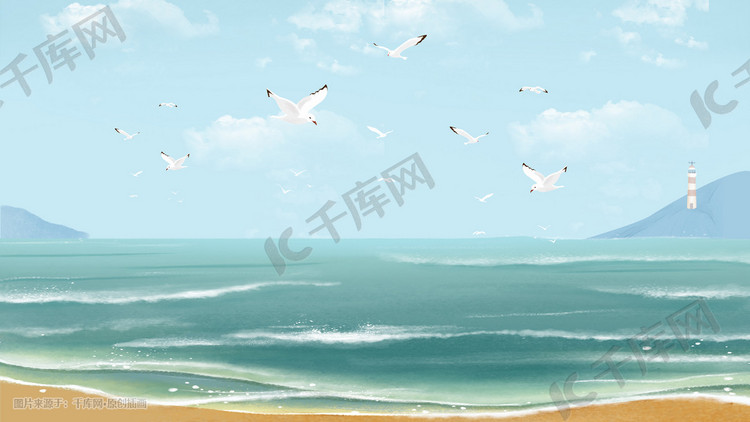 夏天海边沙滩看海鸥