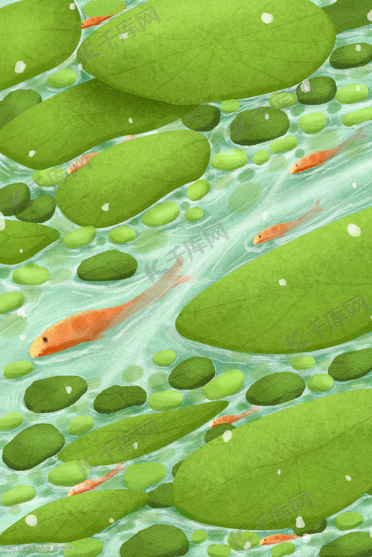 绿色小清新池塘荷叶金鱼手绘夏天景色