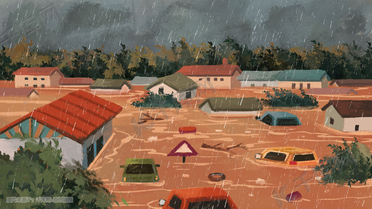 水灾场景之房子车子被淹没场景插画图片-千库网