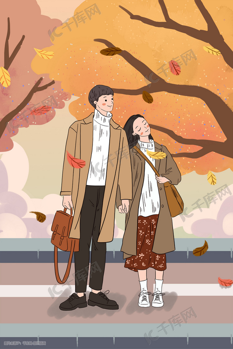 秋天秋景秋情侣手绘插画