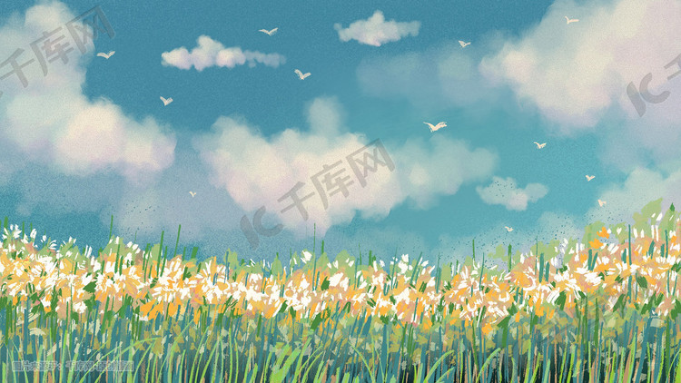夏天春天处暑天空蓝天云阳光草地背景