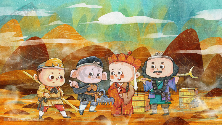 西游记唐僧师徒四人场景插画图片-千库网