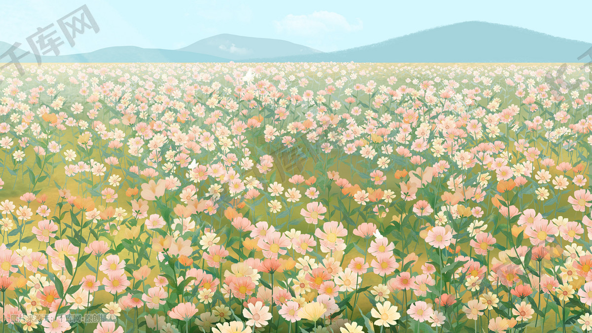 小清新唯美治愈手绘花朵花海植物蓝天景色插画图片 千库网 插画id 906