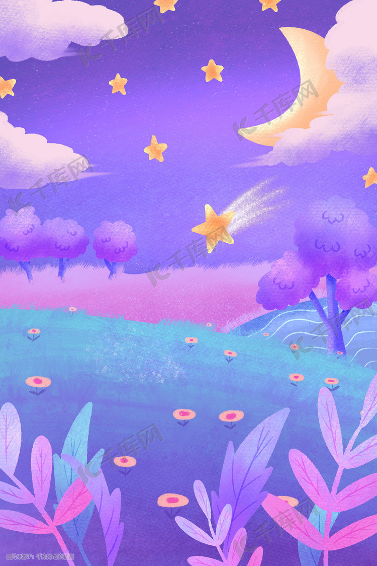 紫色梦幻治愈唯美草地植物花朵星星月亮景色
