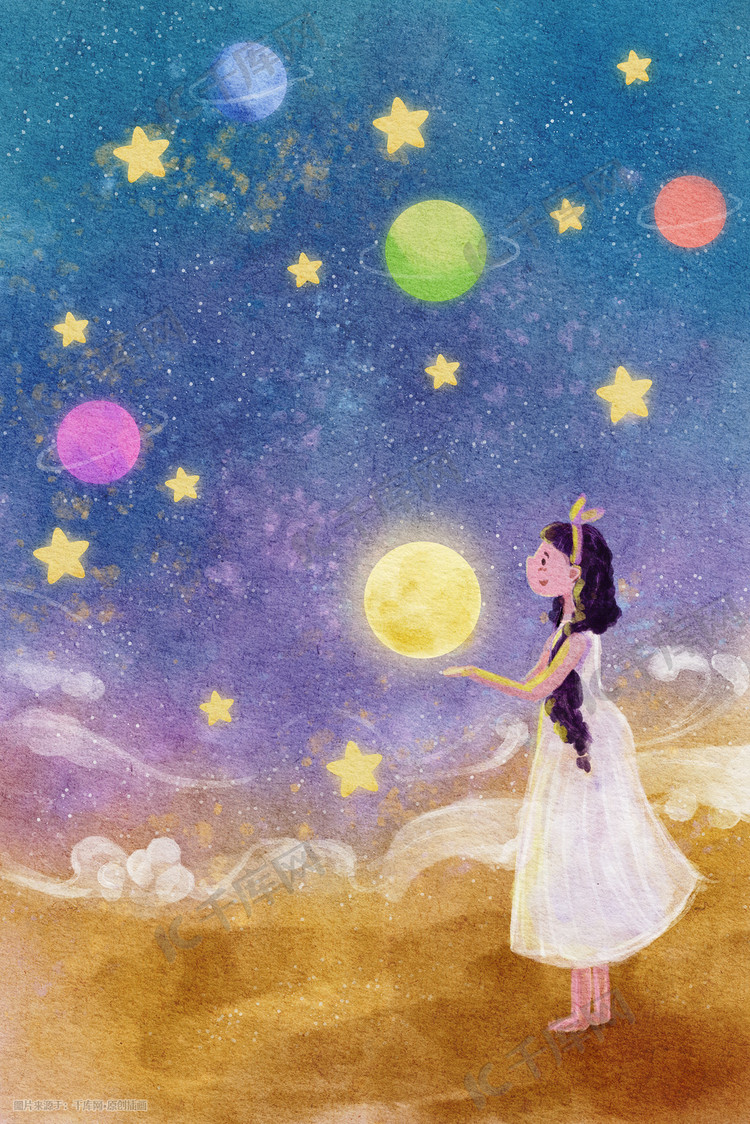 中秋节中秋女孩星球大海治愈唯美背景插画中秋