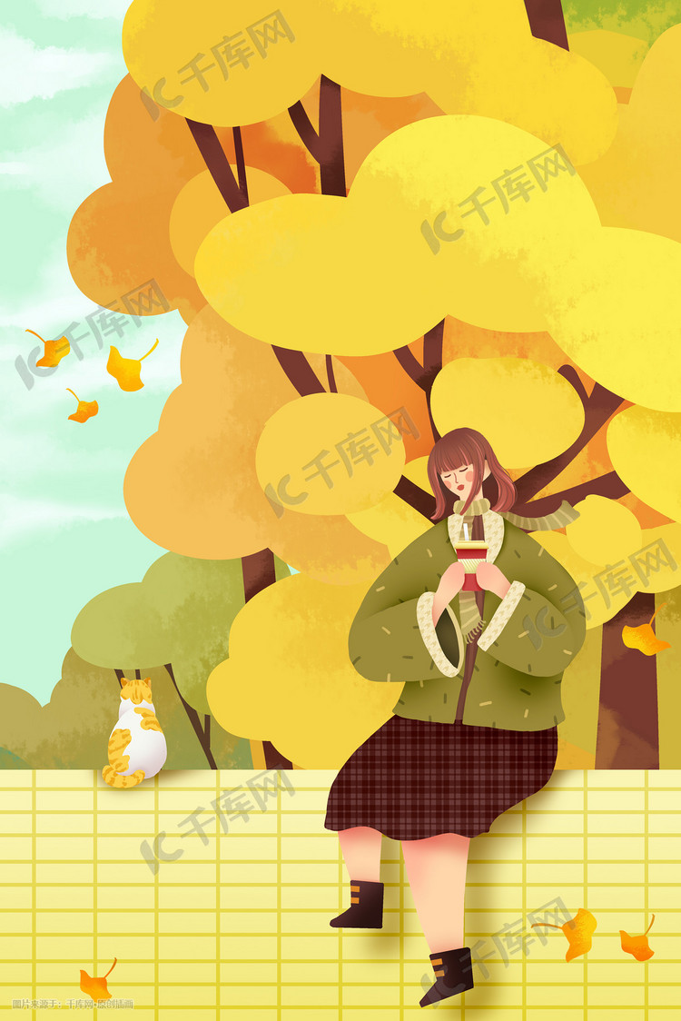 秋日下午女孩与猫在枫树前休息