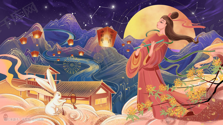 中秋节中秋古风美女赏月嫦娥中秋场景