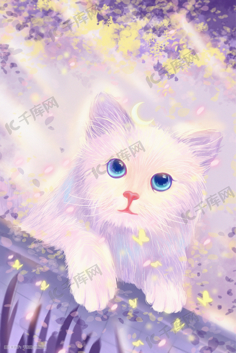 唯美治愈系大宠萌猫咪静谧插画花朵花