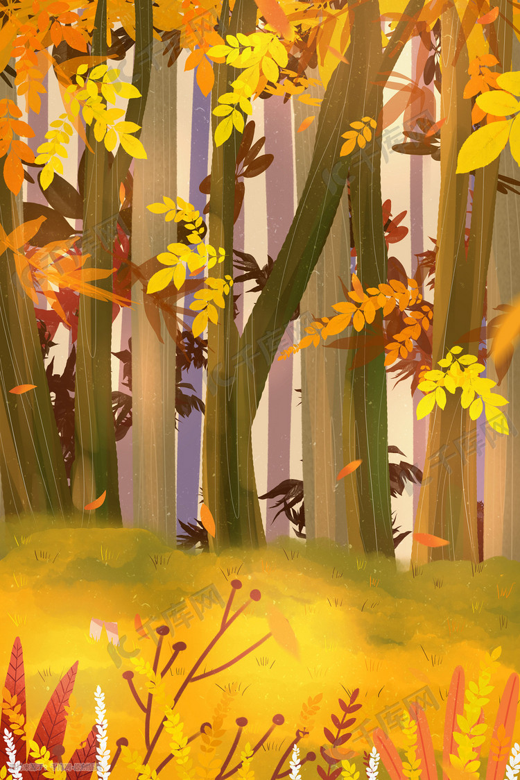 秋天秋季的枫叶林风景插画