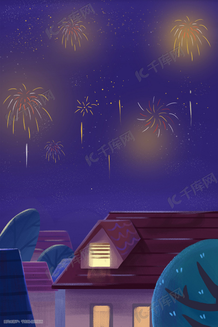 紫色唯美浪漫屋顶看烟花手绘插画
