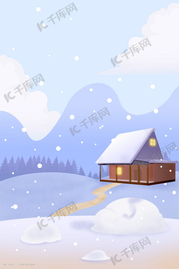 冬天冬季雪景唯美乡村雪花寂静手绘插画