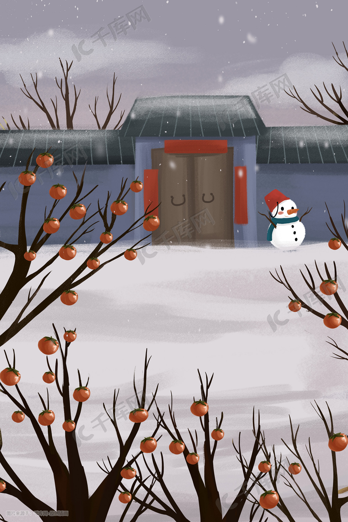 冬天雪景柿子树雪人雪地唯美下雪景色插画图片 千库网 插画id 941