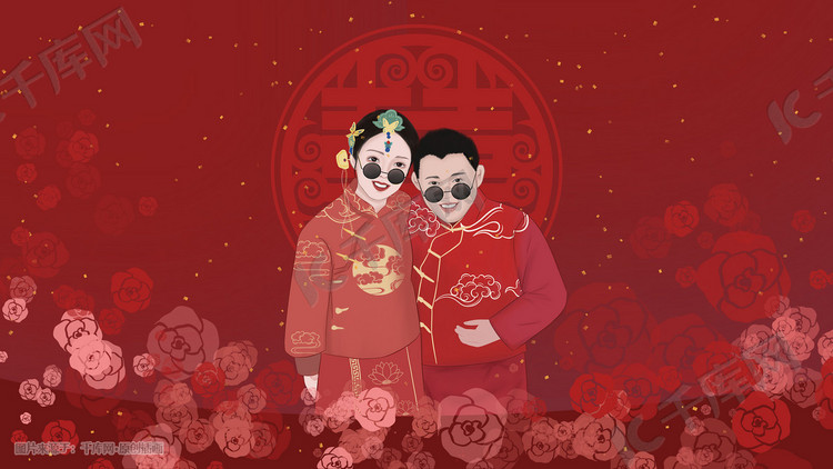 中式婚礼邀请函结婚照女婚礼照卡通版通用