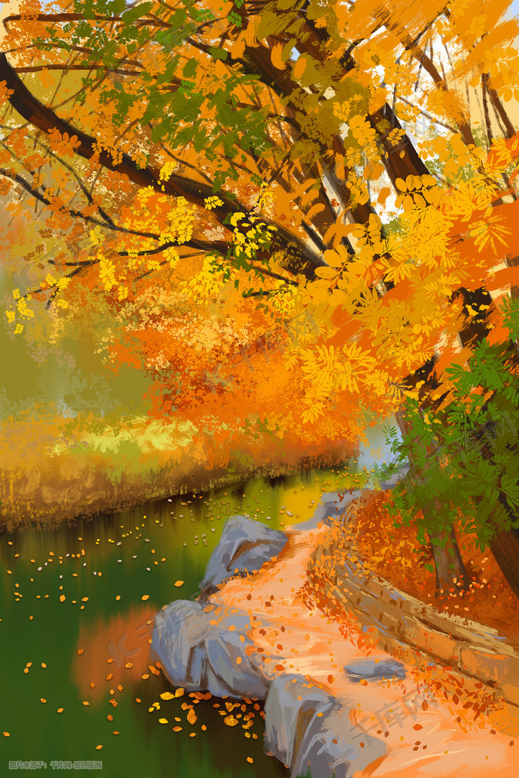 秋天秋日野外河边小景手绘插画