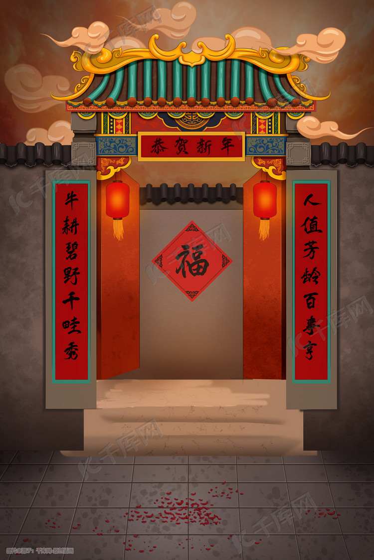 新年红色喜庆灯笼建筑中国风春联福字场景