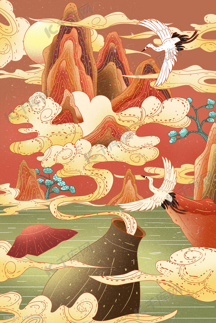 秋天中国风国潮风祥云山水风景