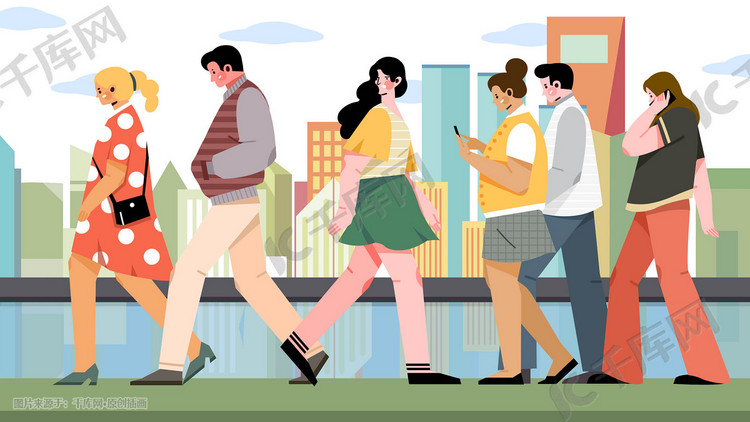 矢量扁平风路人街道步行插画图片-千库网