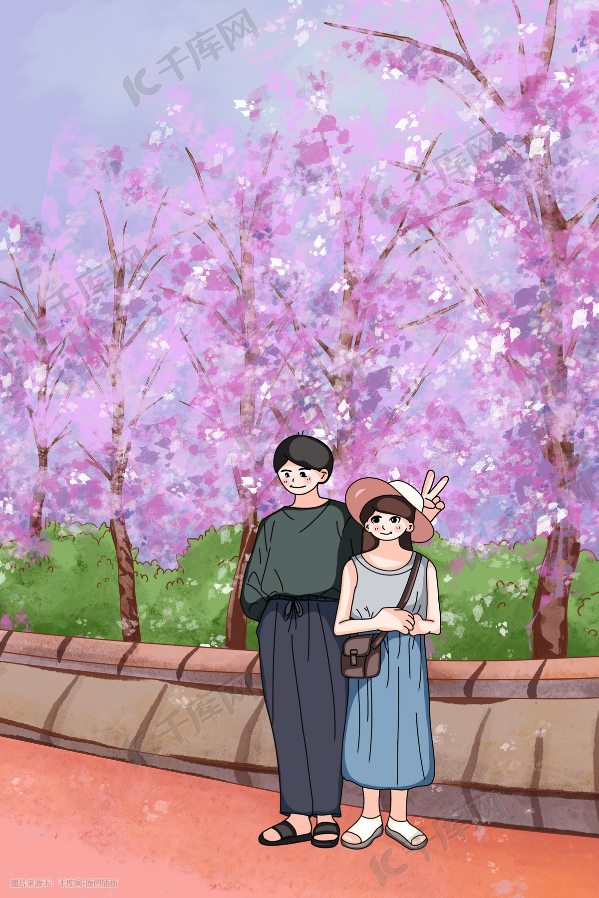 粉色情人节可爱的恋人在樱花树下花朵花插画图片 千库网 插画id