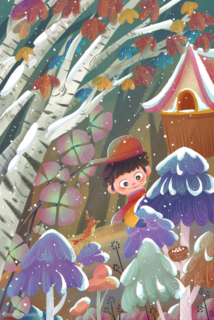 小雪树林里的童趣手绘插画
