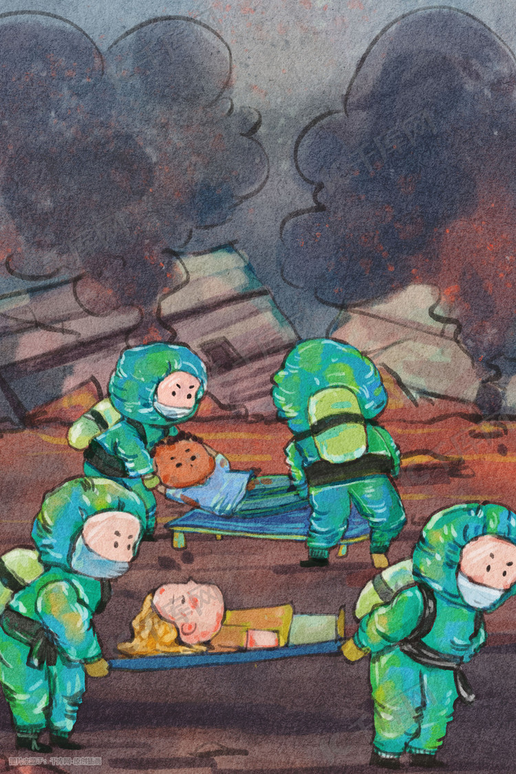 地震救灾救援队救援场景插画图片-千库网