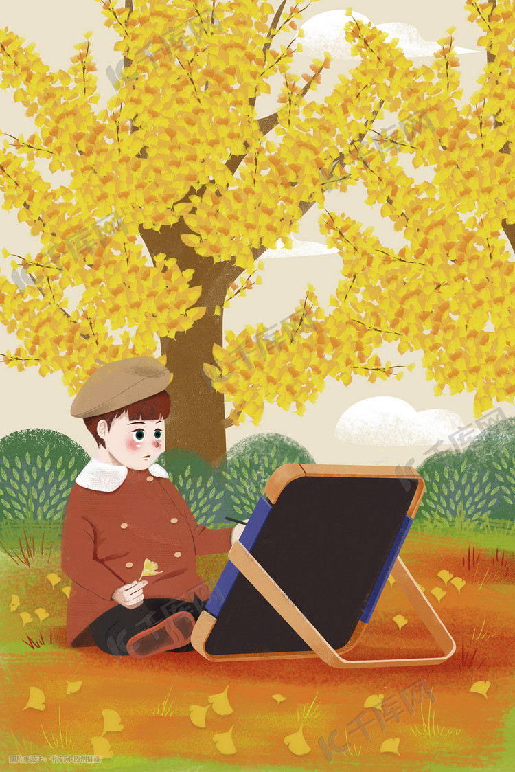 秋天下的画画男孩秋季景色