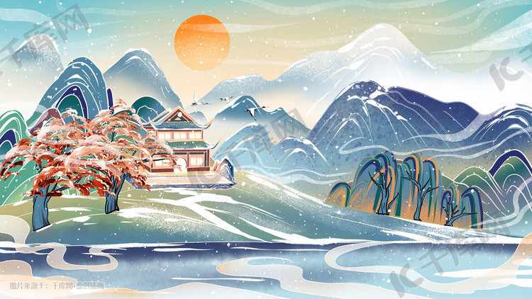 冬天风景湖边古风建筑中国风山水雪景