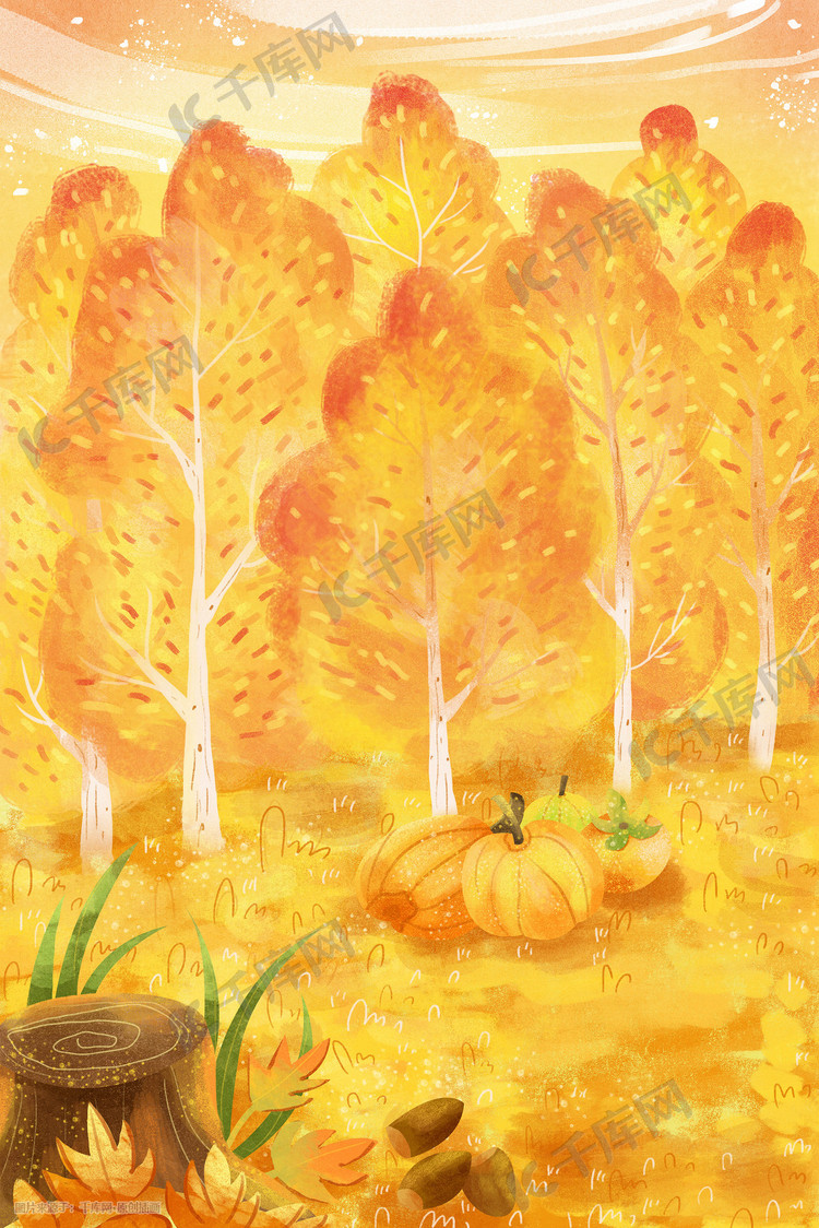 秋天唯美郊外风景树林草丛儿童插画